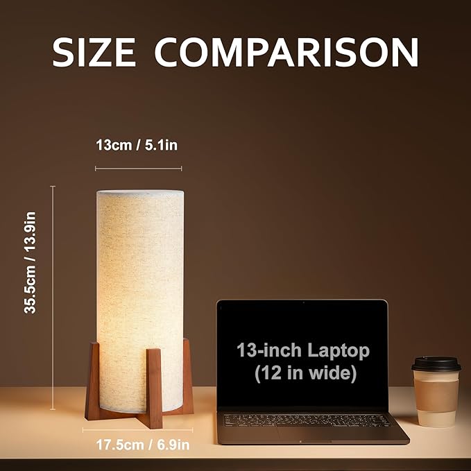 KUNJOULAM Modern Table Lamps, Nightstand Lamp with Linen Fabric Shade Brown Wooden Base, 13.9" Cylinder Bedside Table Lamp for Bedroom, Cafe, Living Room Home Decor - Bloomnest