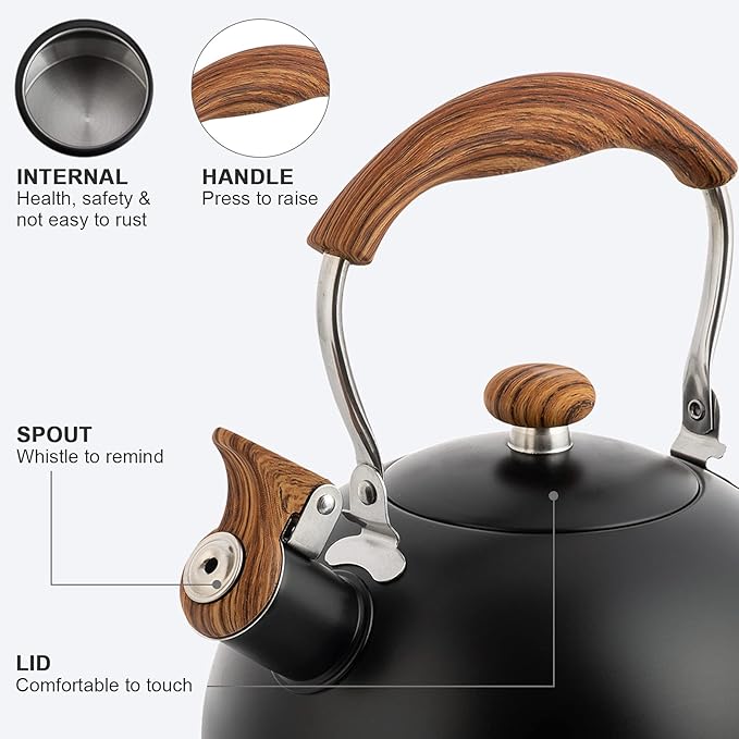 Whistling Tea Kettles with Wood Grain adjustment Nylon Handle, 2.3 Quart Capacity with Capsule Base Tea Kettle, Black - Bloomnest