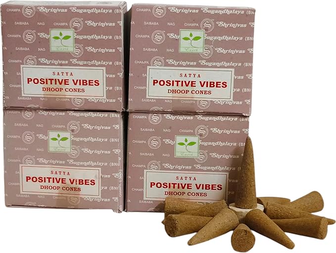 Satya Nag Champa Incense Cones for Meditation and Yoga, 48 Pieces, 4 Packs (Incense Dhoop Cones, Positive Vibes)