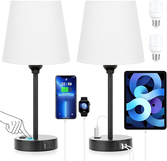 White Bedside Lamps for bedrooms Set of 2 - Nightstand Bedroom Lamp with USB C Port and AC Outlet Charging, 3 Way Dimmable Touch Control Small White Bed Side Table Lamp, Nightstand Light for Kids - Bloomnest