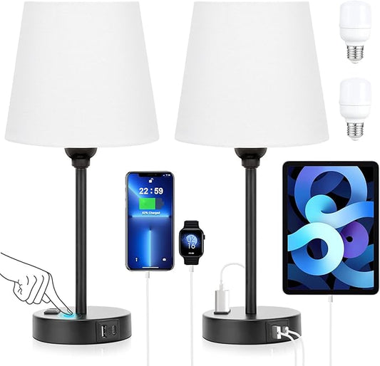 White Bedside Lamps for bedrooms Set of 2 - Nightstand Bedroom Lamp with USB C Port and AC Outlet Charging, 3 Way Dimmable Touch Control Small White Bed Side Table Lamp, Nightstand Light for Kids - Bloomnest