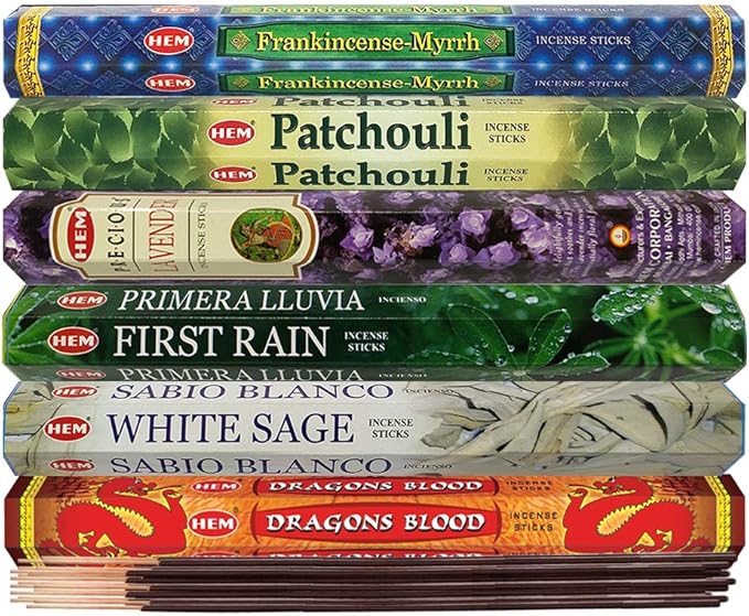 Hem Incense Sticks Variety Pack #23-120 Insence-Sticks (6 Incents x 20 Insense) + Incense Stick Holder with 6 Most Liked Scents Including Patchouli Dragons Blood White Sage Frankincense-Myrrh - Bloomnest