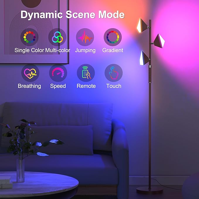 RGB Tree Floor Lamp for Living Room, Stepless Dimmable Tall Standing Lamp with Remote, Touch Control and 3 Rotatable Light, Bright LED Lights for Bedroom with 4 Color-Changing, Oil Rubbed Bronze - Bloomnest