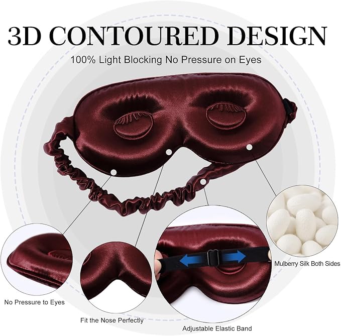 ZIMASILK Adjustable 22 Momme 100% Pure Mulberry Silk Sleep Mask, 3D Contoured Cup Eye Mask for Sleeping, Super Soft Breathable Blindfold, Perfect Blocks Light for Sleeping (Burgundy) - Bloomnest