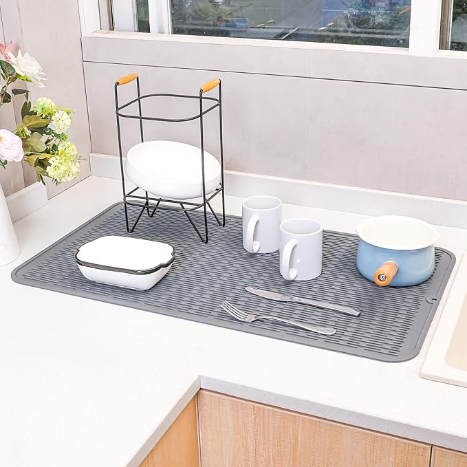 Silicone Dish Drying Mat for Multiple Usage,Easy clean,Eco-friendly,Heat-resistant Silicone Mat for Kitchen Counter or Sink,Refrigerator or Drawer Liner Grey 4XL 32 inches x 18 inches - Bloomnest