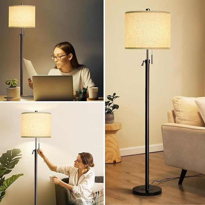 Adjustable Height Floor Lamp for Living Room, Black Standing Lamp for Bedroom Office, Modern Tall Lamp with Linen Shade, 3-Way Dimmable 8W 3000K LED Blub Included (Black) - Bloomnest