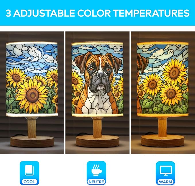 Boxer Table Lamp LED 3-Color Pressed Bedside, Dog Shade Lamp with Wood Base for Bedroom Living Room Desk Office - Bloomnest