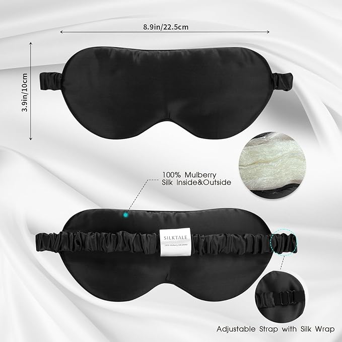 100% Mulberry Silk Eye Mask for Sleeping with Silk Wrapped Adjustable Strap,Black - Bloomnest