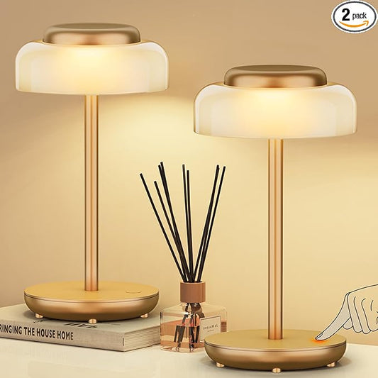 QiMH Battery Operated LED Table Lamp, 5000mAh Rechargeable Cordless Lamp Set of 2, Stepless Dimmable Touch Control, Small Waterproof Desk Night Light for Living Room, Bedroom, Outdoor Bar (Gold) - Bloomnest