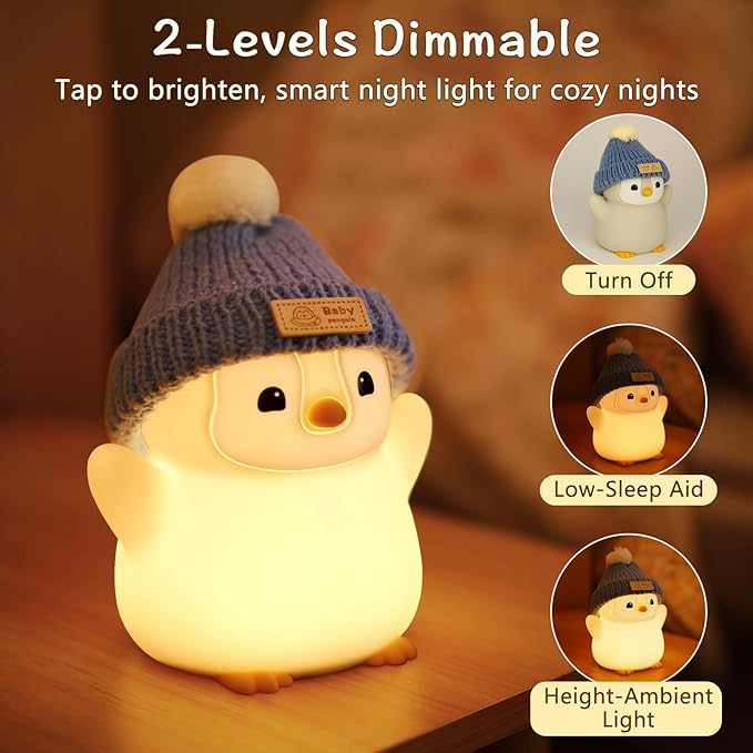 Penguin Night Light for Kids, Adorable Penguin Lamp with Hat, Food Grade Silicone Nursery Nightlight, Rechargeable/Dimmable/Timer,LED Squishy Novelty Animal Bedside Lamp,Funny Gifts for Boys - Bloomnest