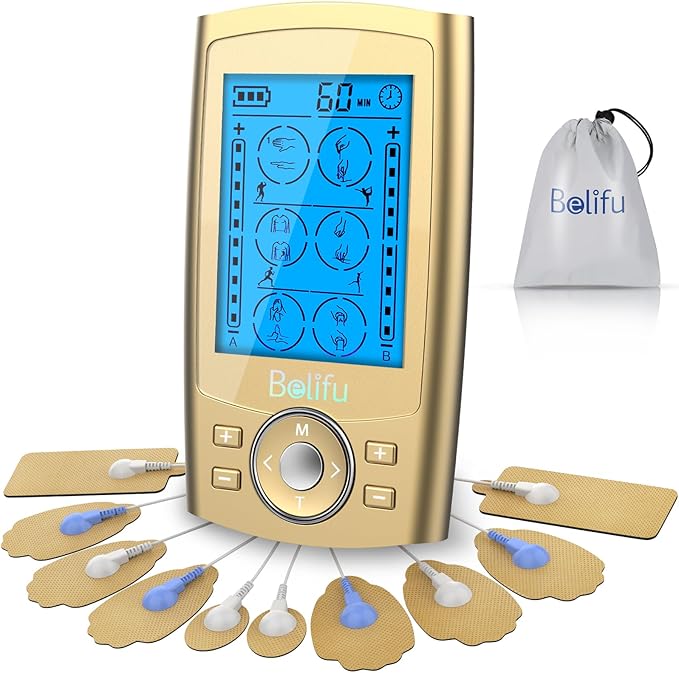 Belifu Dual Channel TENS EMS Unit 24 Modes Muscle Stimulator for Pain Relief Therapy, Electronic Pulse Massager Muscle Massager with 10 Pads, Dust-Proof Drawstring Storage Bag, Fastening Cable Ties Belifu