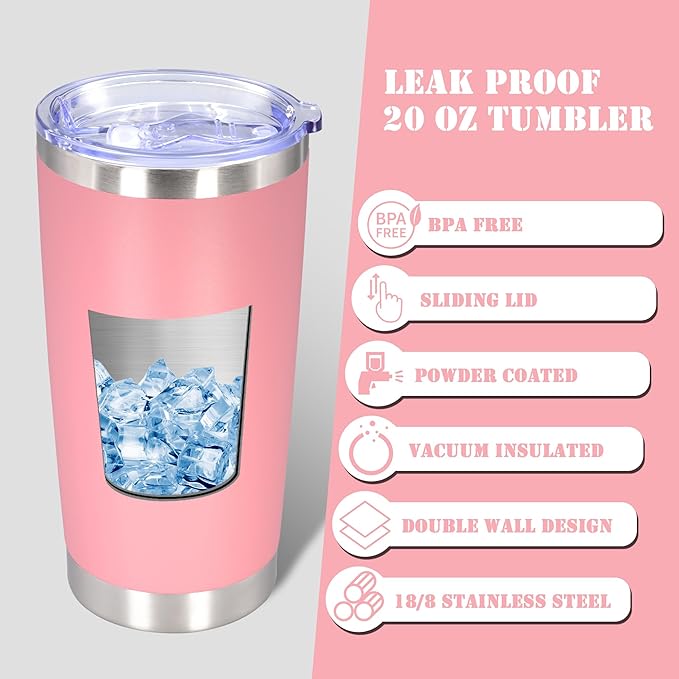 20 oz Tumbler with lid Double Wall Vacuum Insulated Tumblers Stainless Steel Coffee Mug Travel Coffee Tumbler Powder Coated Tumbler Cup Keep Hot&Cold - (Pink 6 Pack)