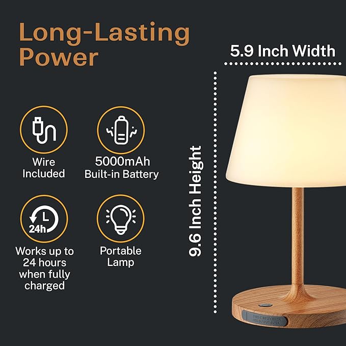 Cordless Lamp, 5000mAh Battery Operated Rechargeable Table Lamp with Power Bank, Touch Dimmable 3 Color Temperatures, IP44 Waterproof Shower Lamp for Kitchen, Bathroom, Indoor Or Outdoor Use 9.6in - Bloomnest
