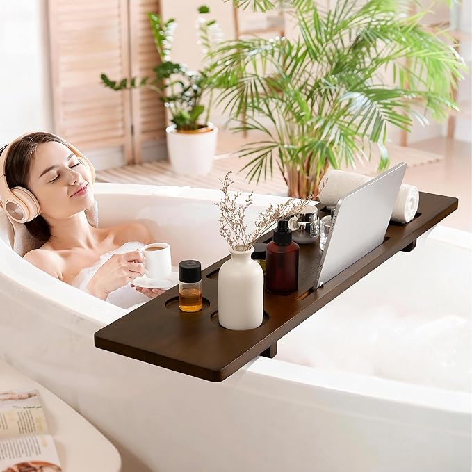 Teak Bathtub Tray - Wood Bath Caddy Tray 35" for Large Tubs - Adjustable Bathtub Table Trays - Luxury Shower Organizer for Home Spa Relaxation and Reading - Dark Walnut Color - Bloomnest
