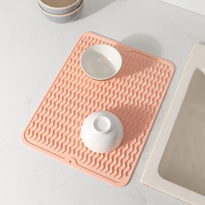 Silicone Dish Drying Mat for Multiple Usage,Easy clean,Eco-friendly,Heat-resistant Silicone Mat for Kitchen Counter or Sink,Refrigerator or drawer liner Pink L 16 inches x 12 inches - Bloomnest