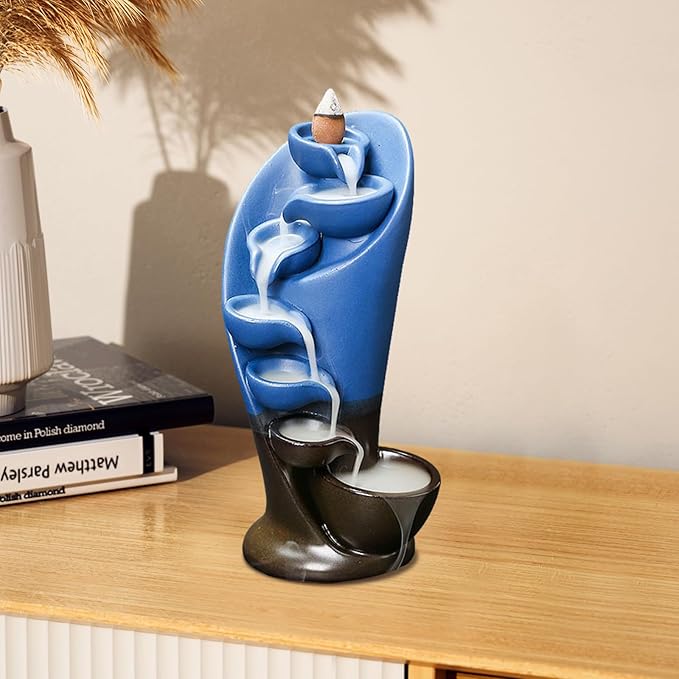 YYW Backflow Incense Burner Holder Handmade Statue Decor Fountain Waterfall Incense Holder with 20 Backflow Incense Cones 30 Incense Sticks 1 Tweezer 1 Mat for Indoor Meditation Yoga (Navy Blue) - Bloomnest
