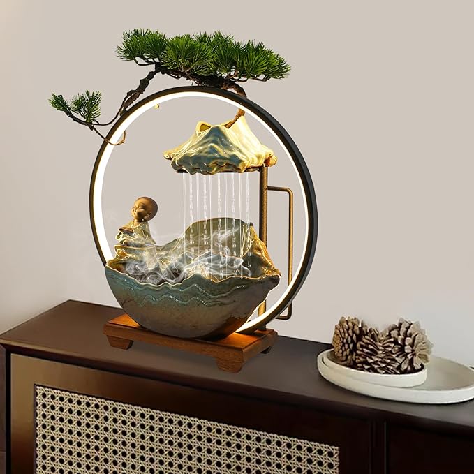 Tabletop Water Fountain Small Waterfall Fountains Indoor with Rocks and Ring Lights Desktop Fountains for Meditation Relaxation for Bedroom Living Room Office
