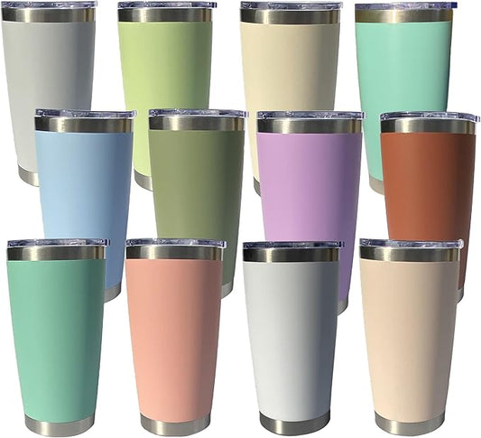 20oz insulted tumblers stainless steel cup Tumbler Bulk with push Lid, and metal straw powder coated coffee cup for cold and hot drinking (12, Assorted color) - Bloomnest