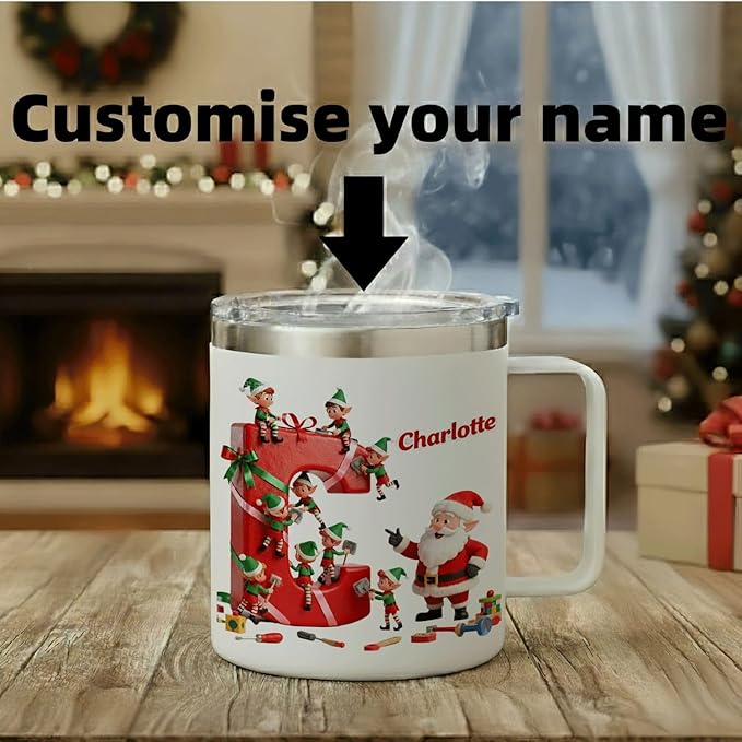 Personalized Christmas Mug | Custom Santa's Workshop Initial Insulated Coffee Cup with Handle & Lid | 12oz Holiday Tumbler, Cute Elf Gift for Kids, Boys & Girls (B16) - Bloomnest