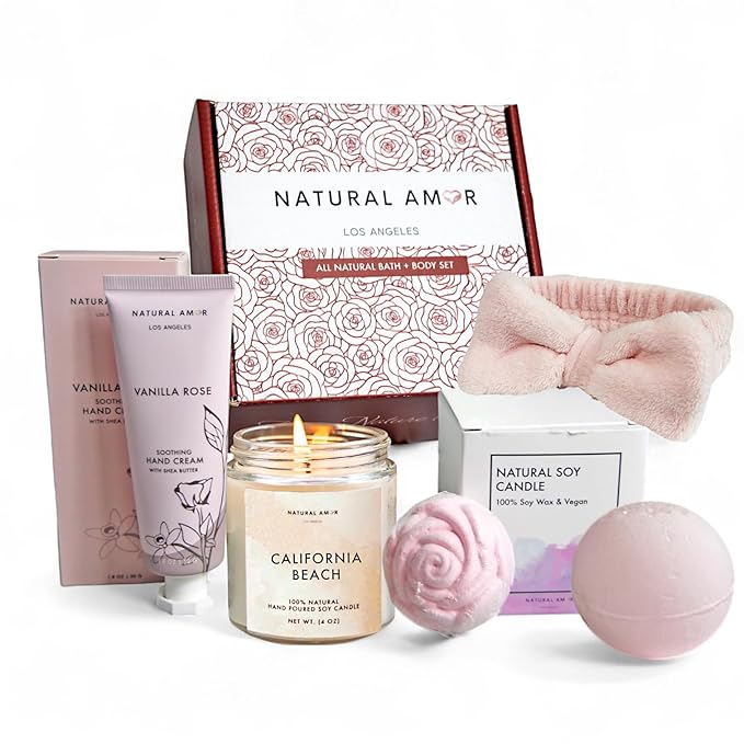 Natural Amor Relaxation Spa Gift Set for Women, 5 Piece Bath & Body Box with Candle, Hand Cream, Bath Bombs & Headband, Self Care Gift for Her - Bloomnest