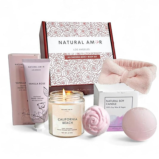 Natural Amor Relaxation Spa Gift Set for Women, 5 Piece Bath & Body Box with Candle, Hand Cream, Bath Bombs & Headband, Self Care Gift for Her - Bloomnest