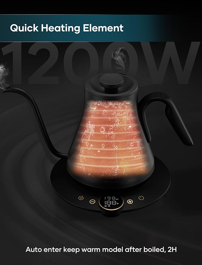 Gooseneck Electric Kettle with ±1℉ Temperature Control for Pour Over Coffee & Tea, Quick Heating, BPA-Free Stainless Steel, Built-in Brew Timer, 1500W/0.9L (Onyx Black) - Bloomnest