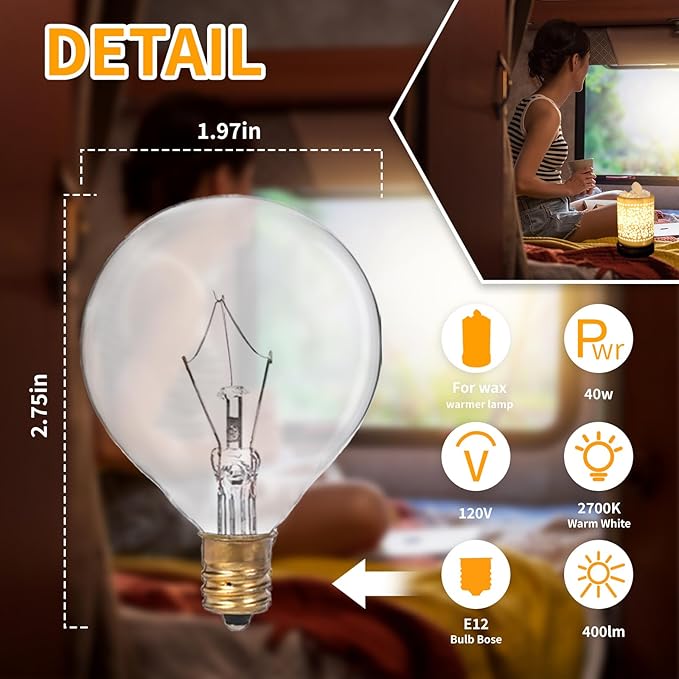8 Pack 40 Watt Wax Warmer Bulbs Replacement Light Bulb for Full Size Scentsy Warmer 120V G50 E12 Incandescent Standard Base for Indoor Outdoor Patio String Lights - Bloomnest