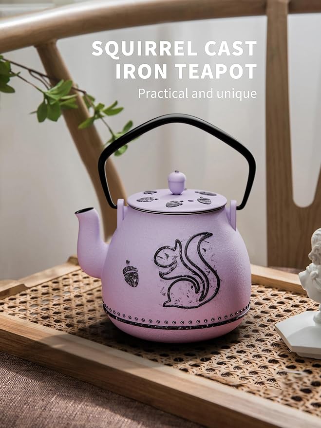 Toptier Teapot with Removable Infuser, Cast Iron Tea Kettle Stovetop Safe, Squirrel Design Tea Pot Coated with Enameled Interior for 32 Ounce (950 ml), Purple - Bloomnest