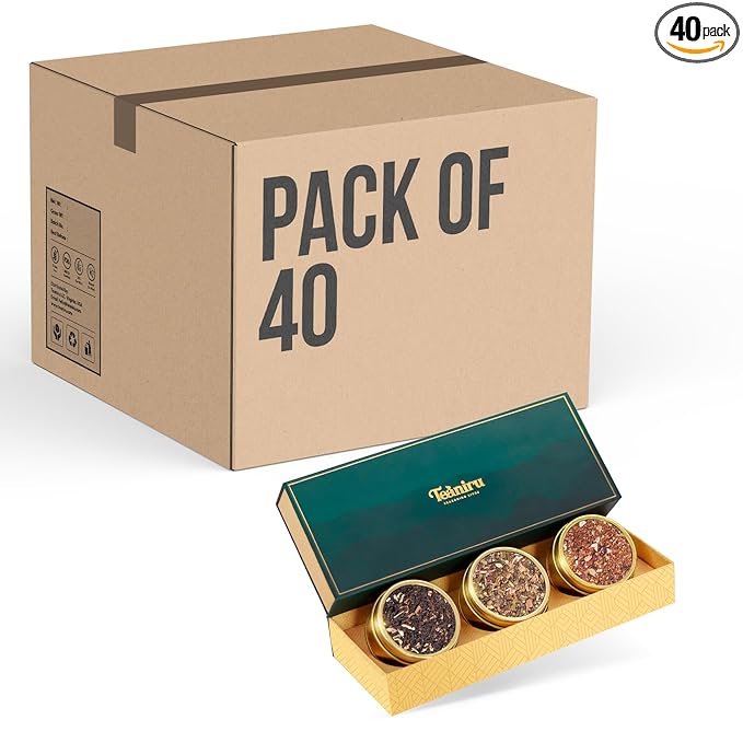 Teaniru, Grandeur Tea Collection – Pack of 40 | Loose Leaf Tea Sampler Gift | 3 Flavored Tea - Black, Herbal & Green Tea | Loose Leaf Tea Gift Set for Corporate Gifting - Bloomnest