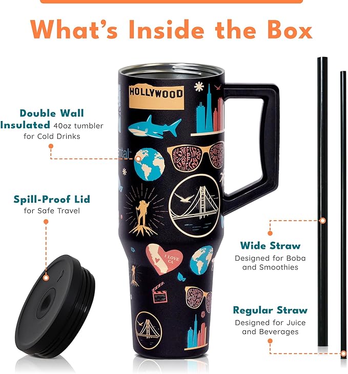 Elemental 40 oz Tumbler with Handle and Straw - Spill Proof Insulated Stainless Steel Commuter for Hot and Cold Beverages - Travel Coffee Mug with 2 Straws & Spill Proof Lid - 40oz-California Dreaming - Bloomnest