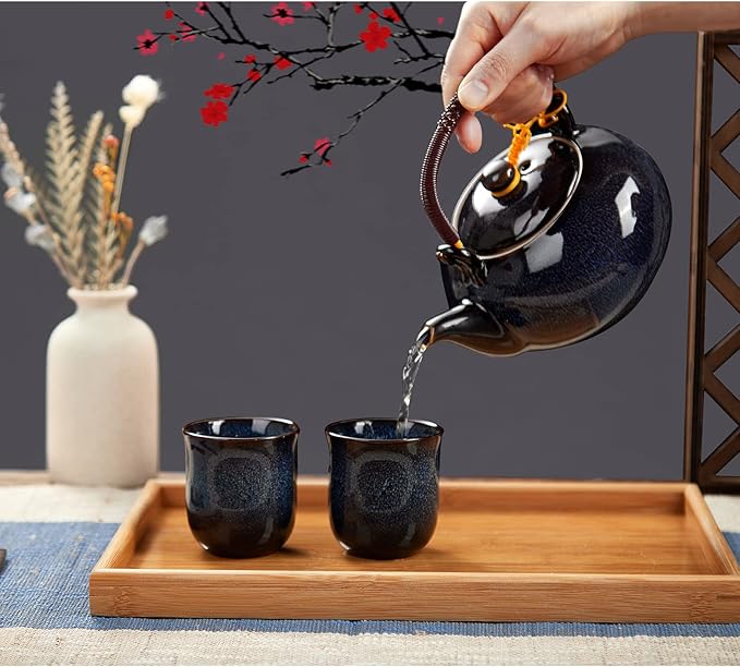 DUJUST Japanese Tea Set for 6, Kiln Altered Glaze Porcelain Tea Set with 1 Teapot, 6 Tea Cups & 1 Tea Tray, Unique Chinese Tea Sets for Adults/Tea Lovers/Women/Men, Dark Blue - Bloomnest