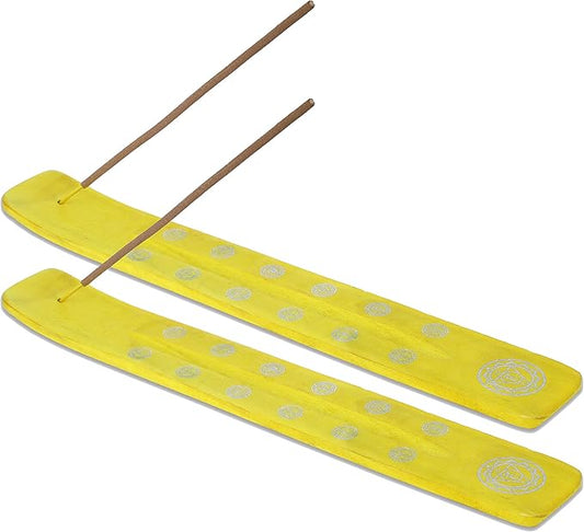 Bless-International Traditional-Handmade-Burner Wooden-Incense-Stick-Holder Ash-Catcher-Stand for-Aromatherapy-Meditation-Yoga (Positivity Yellow) 10 Inches, Pack of 2 - Bloomnest