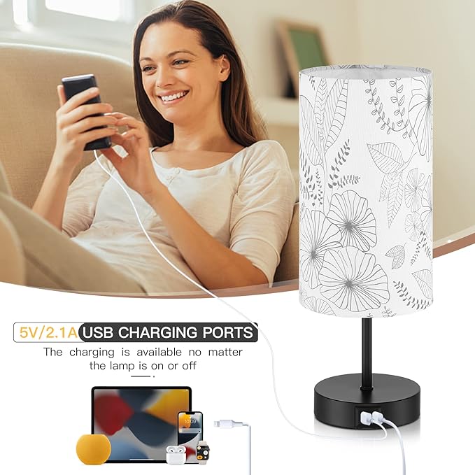 Touch Control Bedside Lamp with 2 USB Ports, 3-Way Dimmable Table lamp for Bedroom, Nightstand Lamp with Round Flower Fabric Shade for Living Room Home Office (E26 LED Bulb Included) - Bloomnest
