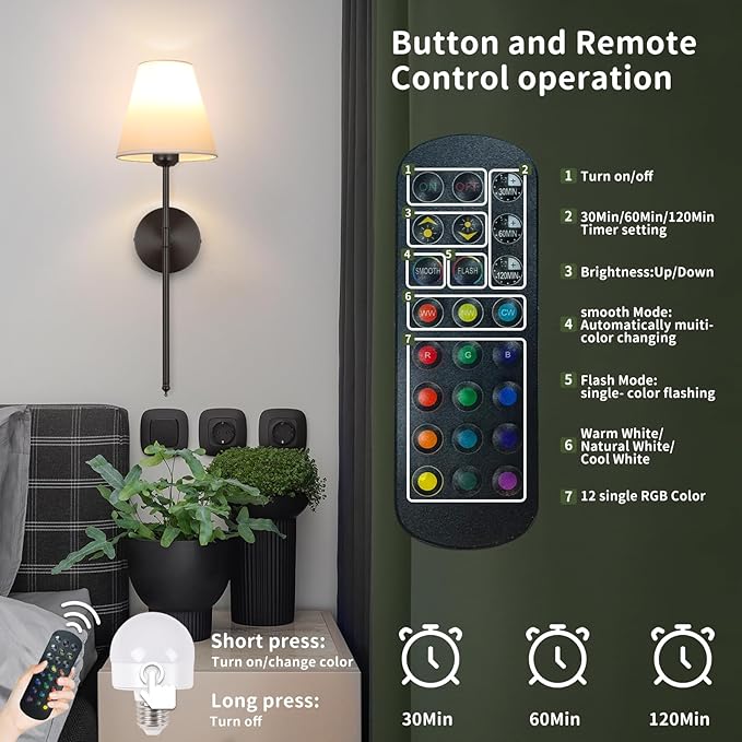 Battery Operated Wall Sconce Set of 2,15 Colors Wireless Wall Light With Dimmable Remote Control Last 18-50 Hours,Black Rechargeable Wall Lamp With White Fabric Shade For Living Room Bedroom Hallway - Bloomnest