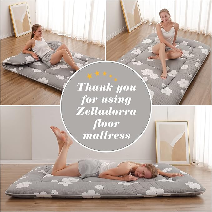 Japanese Floor Mattress, Futon Mattress with Portable Storage Bag and Washable Cover, Roll Up Thick Tatami Mat Suitable for Camping, Guest Room, Grey Cotton, Queen - Bloomnest