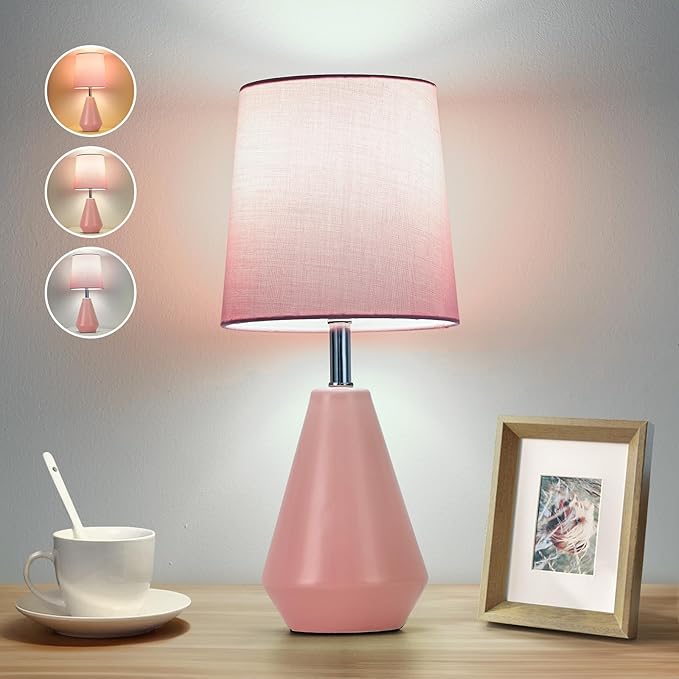 Small Bedside Table Lamp for Bedroom - Reading Desk Lamp with 3 Color Temperatures，15.5" Nightstand Ceramic Lamp with Fabric Shade for Kids Room,Living Room,Dorm,Home Office (Pink) - Bloomnest
