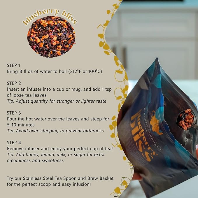 Blueberry Bliss Tea, Organic Loose Leaf Herbal Tea – Real Fruit, Summer Juice, Caffeine-Free, Refreshing Sweet Iced Drink – 4 oz Resealable Bag (Makes 50 Cups) - Bloomnest