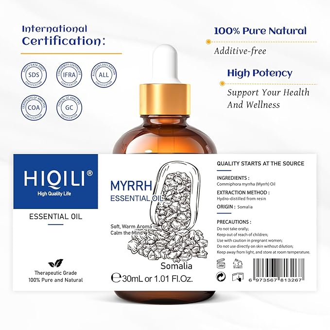 HIQILI Myrrh Essential Oil, for Skin, Massage, 100% Pure & Natural - 1.01 Fl Oz - Bloomnest