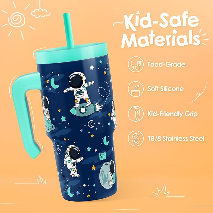 Astronaut Tumbler 20oz with Handle and Silicone Straw Lid for Kid, Insulated Stainless Steel Cup, Gift for Kids Boys, Gifts Idea for Birthday Christmas Back to School - Bloomnest