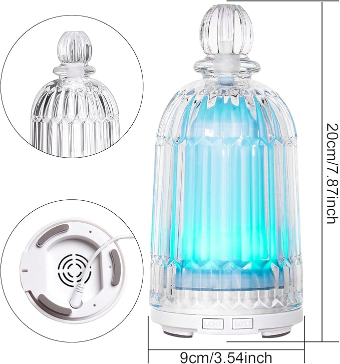120ml Glass Essential Oil Diffuser, Ultrasonic Aroma Diffuser Glass Cover & Plastic Reservoir with Auto Shut-Off, 7 Colors LED Light for Home, Bedroom, Office, Yoga(White Base) DOUDING