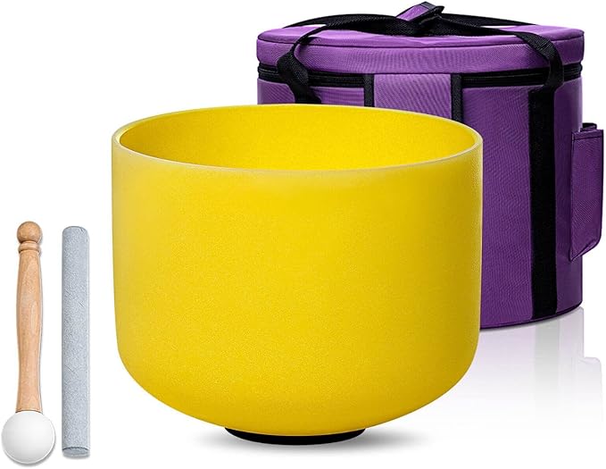 8 inch Yellow E Note Solar Plexus Chakra Quartz Crystal Singing Bowl, for Healing Mindfulness Meditation Yoga Sound Baths, with Rubber Mallet O-ring