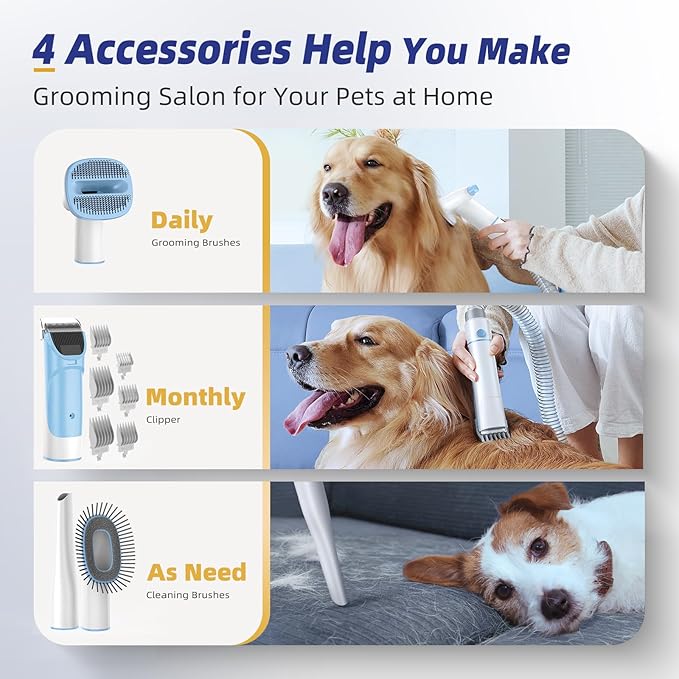 Dog Grooming Kit with Vacuum, All-in-One Pet Grooming Vacuum for Dogs and Cats, Low Noise Pet Hair Clipper & Shedding Brush, Dog Hair Remover, Cat Pet Groomer Set with Cleaning Brushes, Blue - Bloomnest