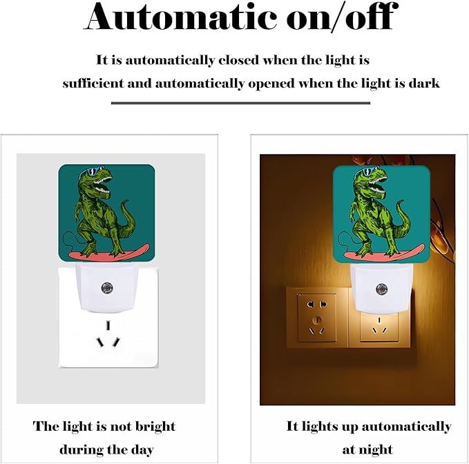 Green Dinosaur Surfing Night Light,Plug Into Wall with Dusk to Dawn Light Sensors, Warm Nightlights for Bedroom, Bathroom, Hallway, Kitchen, Gifts Ideal for Boys Girls Women Men - Bloomnest