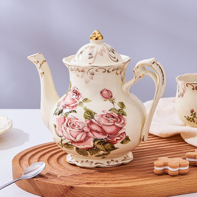 YOLIFE Iovry Rose Teapot, 35oz/ 4 Cup Ceramic Tea Pot with Infuser for Loose Leaf Tea, Vintage Floral Teapot and Gold Trim - Bloomnest
