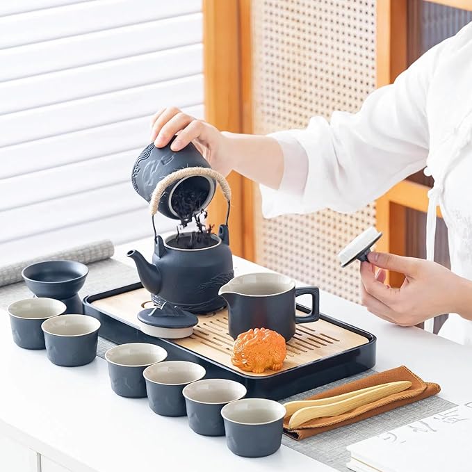 ICHAG Chinese Tea Set, Japanese Tea Sets for Adults, 15-Piece Porcelain Gongfu Tea Set with Tea Pet & Tea Tray, Japanese Teapot Set, Travel Tea Party Set, for Home/Office/Outdoor/Gifts (Black) - Bloomnest