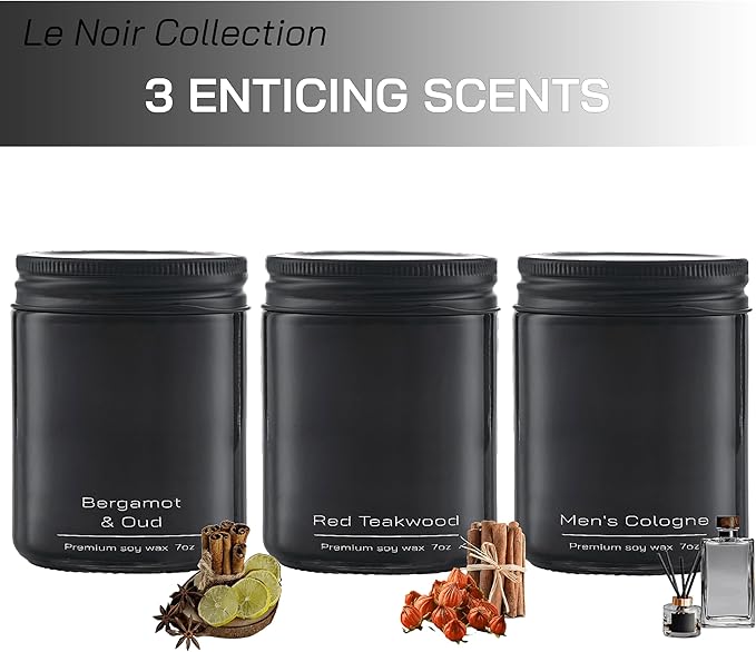 Set of 3 Premium Scented Soy Candles Gift Set | Le Noir Collection - Men’s Cologne, Red Teakwood, Bergamot & Oud | Crackling Wood Wick | Luxury Candles for Relaxation, Home Décor & Gifts | 9.8oz Each - Bloomnest