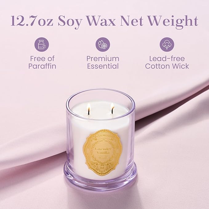 M&SENSE Lavender Vanilla Candles for Home Scented, 2 Wick 12.7oz Soy Wax Candles Non Toxic,70 Hours Long Burning,Luxury Candles Gift for Stress Relief, Meditation, Yoga - Bloomnest