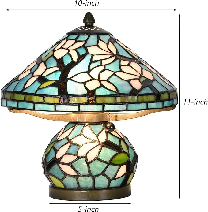 Bieye L10905 Tiffany Style Stained Glass Mushroom-Shaped Double Lit Table Lamp for Home Decor (10-inch, White Magnolia)