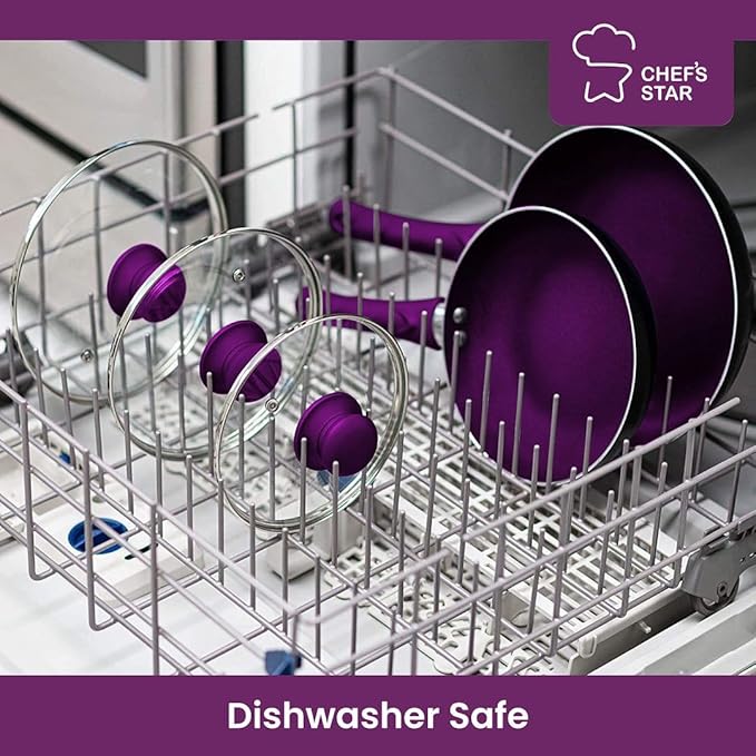 Chef’s Star Aluminum Pots and Pans Set for Kitchen - Nonstick Stackable Induction Cookware, 11 Pcs, Purple - Bloomnest