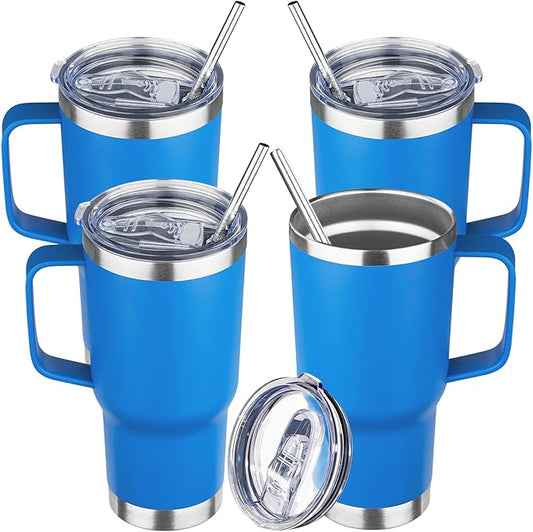 20 oz Tumbler with Handle Stainless Steel Insulated Coffee Mug Tumbler with Lid and Straw Double Wall Vacuum Insulated Coffee Mug Leak Proof Travel Mug Tumbler for Hot and Cold Drink (Sea Blue,4pack)